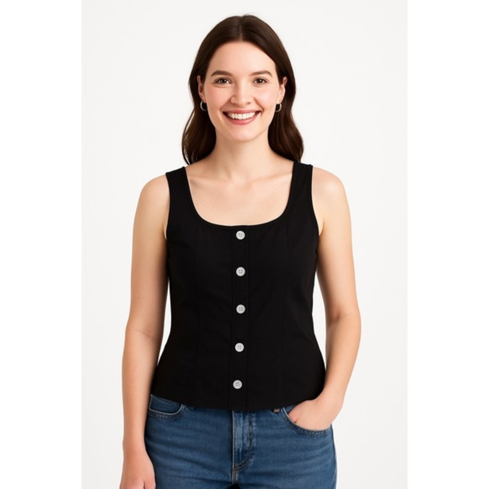 J Crew Top Womens 2 Black Button Up Peplum Sleeveless Square‎ Neck Cotton CK740